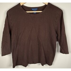 Karen Scott Woman's 3/4 Sleeve Shirt Size L Cotton Brown Round Neck Base Capsule